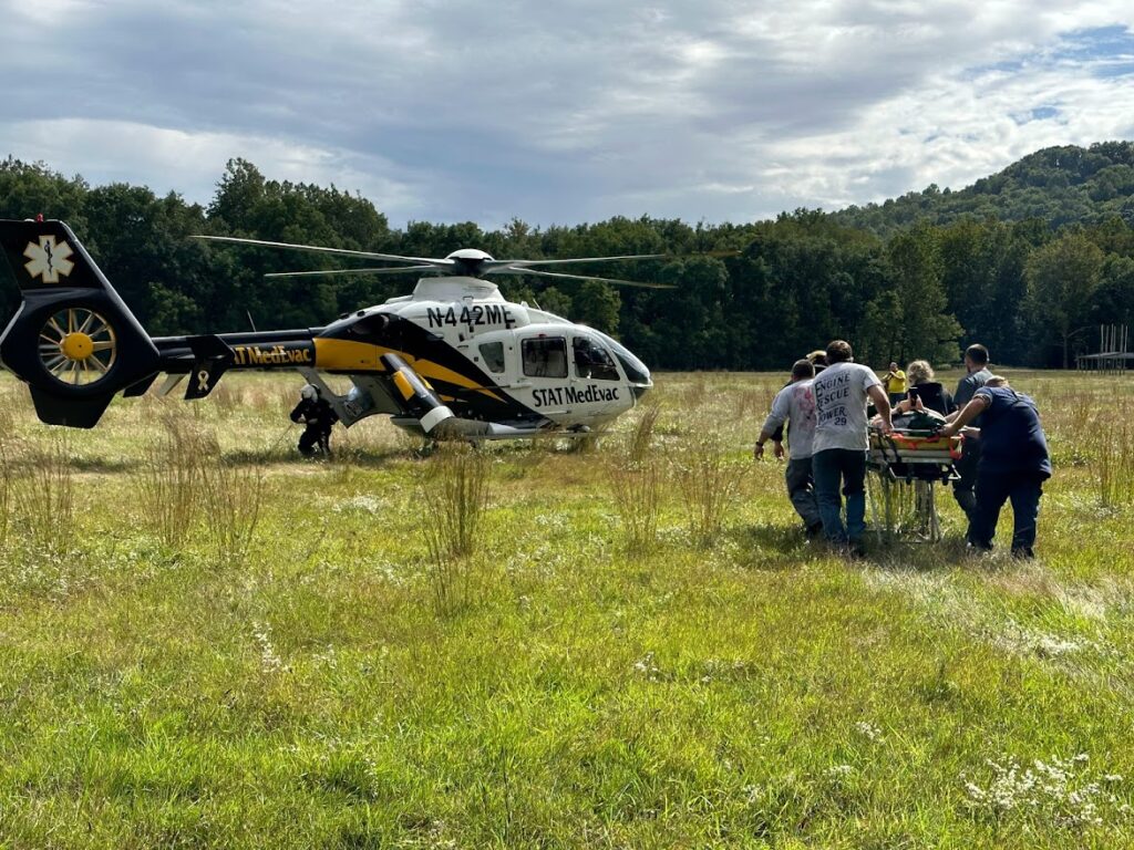 a group of wilderness rescue class attendees load a stat medevac helicopter